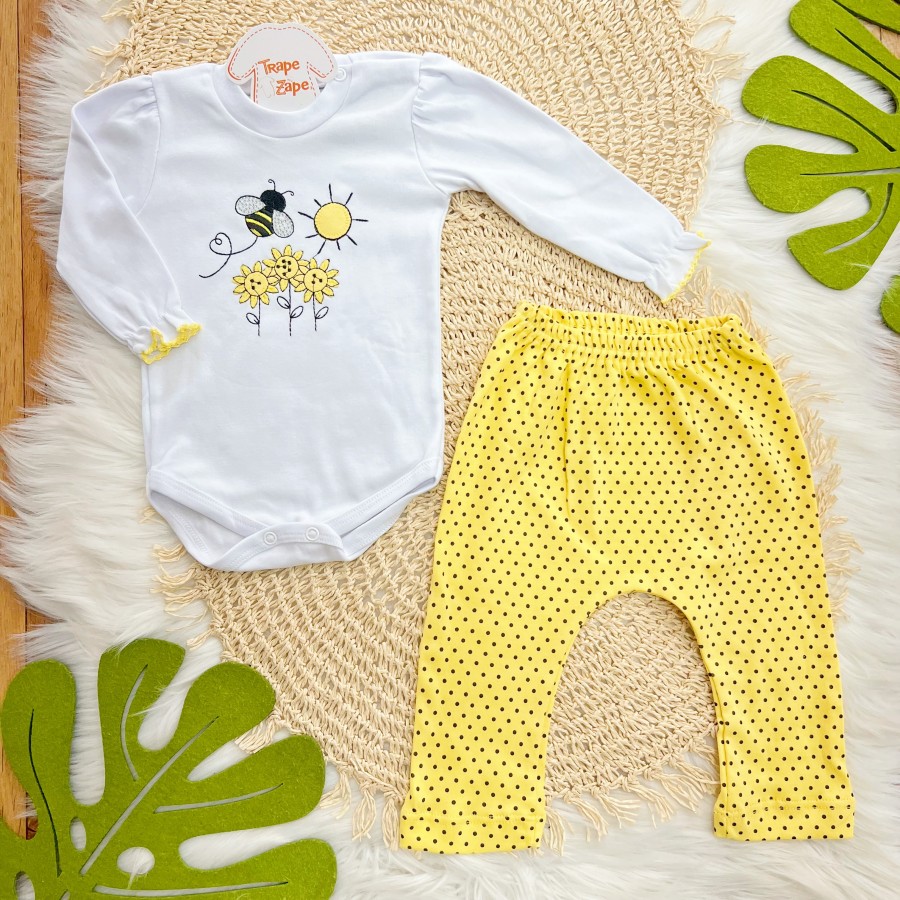 Conj. Body Manga Longa e Calça Abelhinha com Poá Preto - Branco e Amarelo